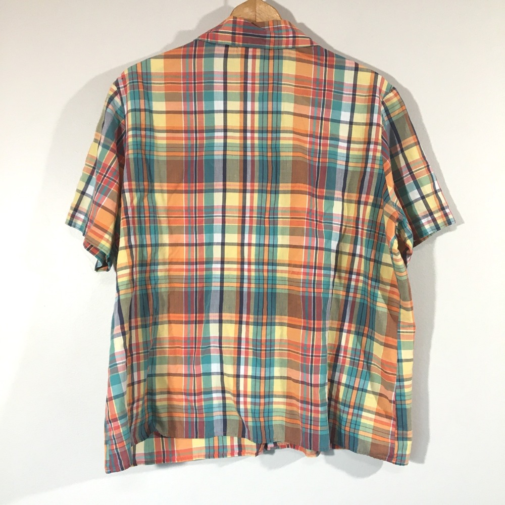 Nikki Plaid Short Sleeve Button Up Shirt Womans Plus Size 18 Orange Green Yellow - Picture 2 of 4